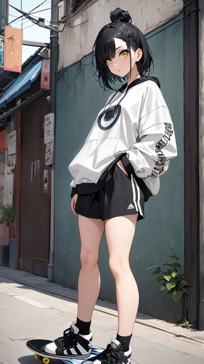 14-year-old girl,stop on a bridge with a river in the background, Ropa de senderismo, negro, photograph of a techwear woman, Ropa negra casual, con una sudadera con capucha negra, inspirado por Ion Andreescu, Ropa negra, Ropa deportiva, Ropa negra, wearing a track suit, Ropa vestida de negro, Imagen de perfil, con una sudadera con capucha negra