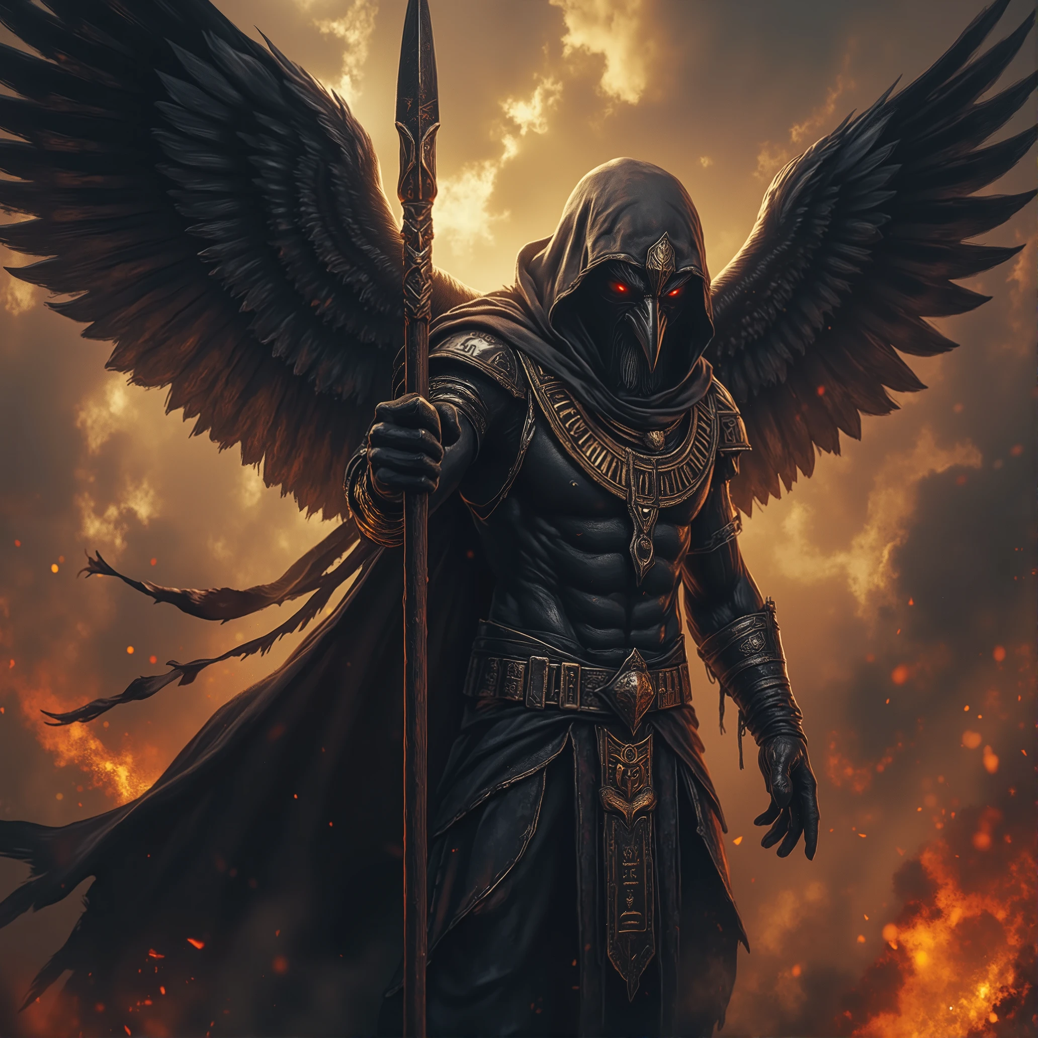High Resolution, Masterpiece, Depth Of Field, Hyperrealistic, Ultra-Detailed, 8k. Imagine a dark and sinister image of the egyptian god Osiris. Depicted as a colossal muscular anthropomorphic crow god with massive black unfurled wings. Donned in the dark underworld-style attire of a God of the Underworld with an ornate hooded cloak. Glowing Egyptian hieroglyphs carved on his armor. Clutches an ornate metal spear. Colossal size, looking down on his subjects. Tartarus atmosphere. Create an awe inspiring Underworld that resembles Tartarus mixed with Egyptian elements. World Building.