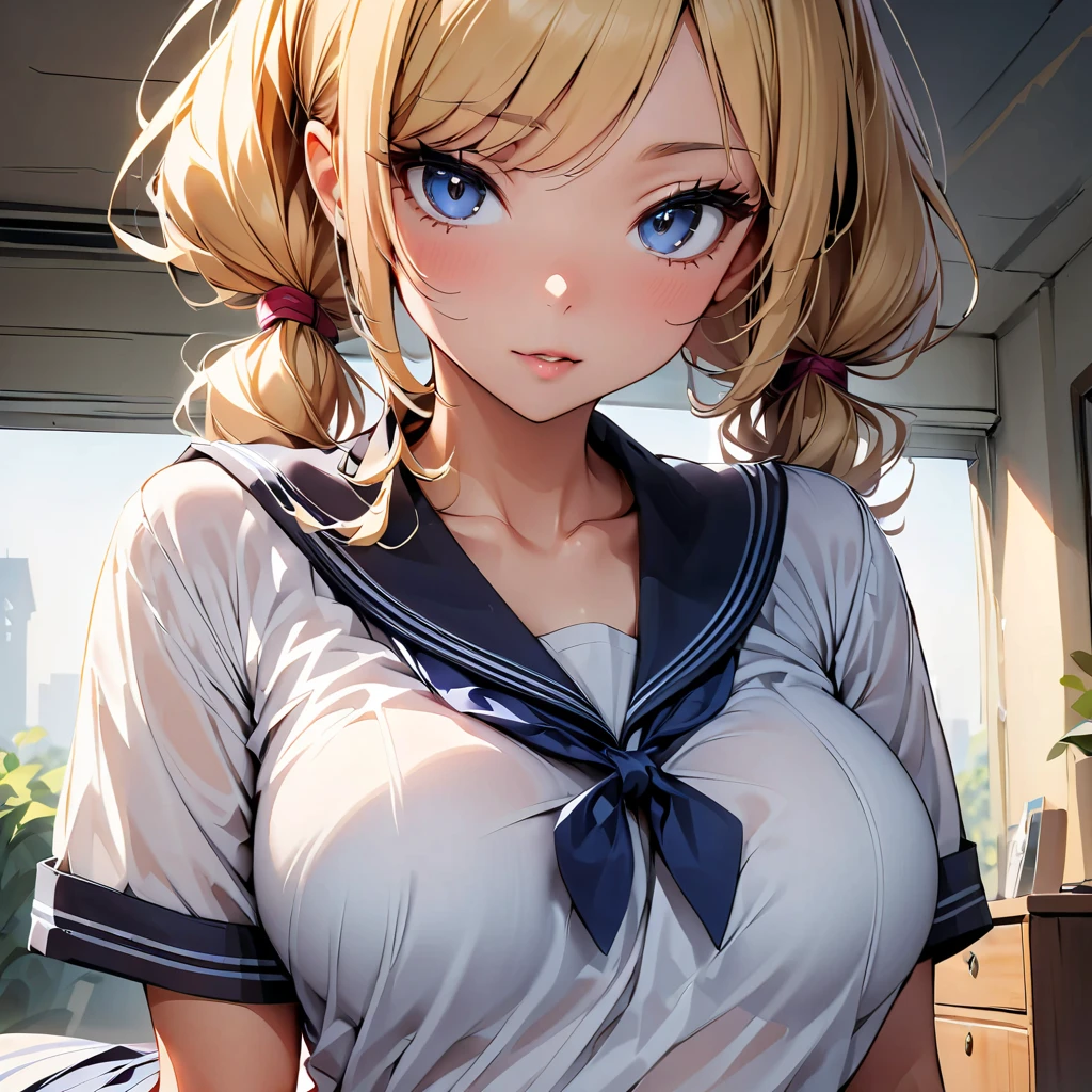 NSFW, 1 lady, solo, orgasm, (ahegao:1.2), (crying:1.2), (drooling), steam from pussy, green detaled eyes, (Nipples:1.8), (spread pussy:1.6), (detaled pussy:1.3) , Pubic hair, (clear pussy juice:1.5), (showing pubic area:1.3), (Large breasts), (cleavage), half opened mouth, (on a bed) , (spread legs to limit:1.3), ((thin thighs)), (crop top white shirt:), (sleeveless:1.3), (Sailor uniform only for the upper body), masterpiece, Best Quality, High quality, High Definition, Finely detailed, Detailed texture, realistic representation of face, Realistic, Colorful, lighting forward, (Detailed beautiful delicate face, A perfectly proportioned face, High detailed skin, ((Smooth texture, Realistic texture,)), (Beautiful face, Cute face, Detailed face), (red ribbon tie), Navel, blue sailor collar, side ponytail,at night