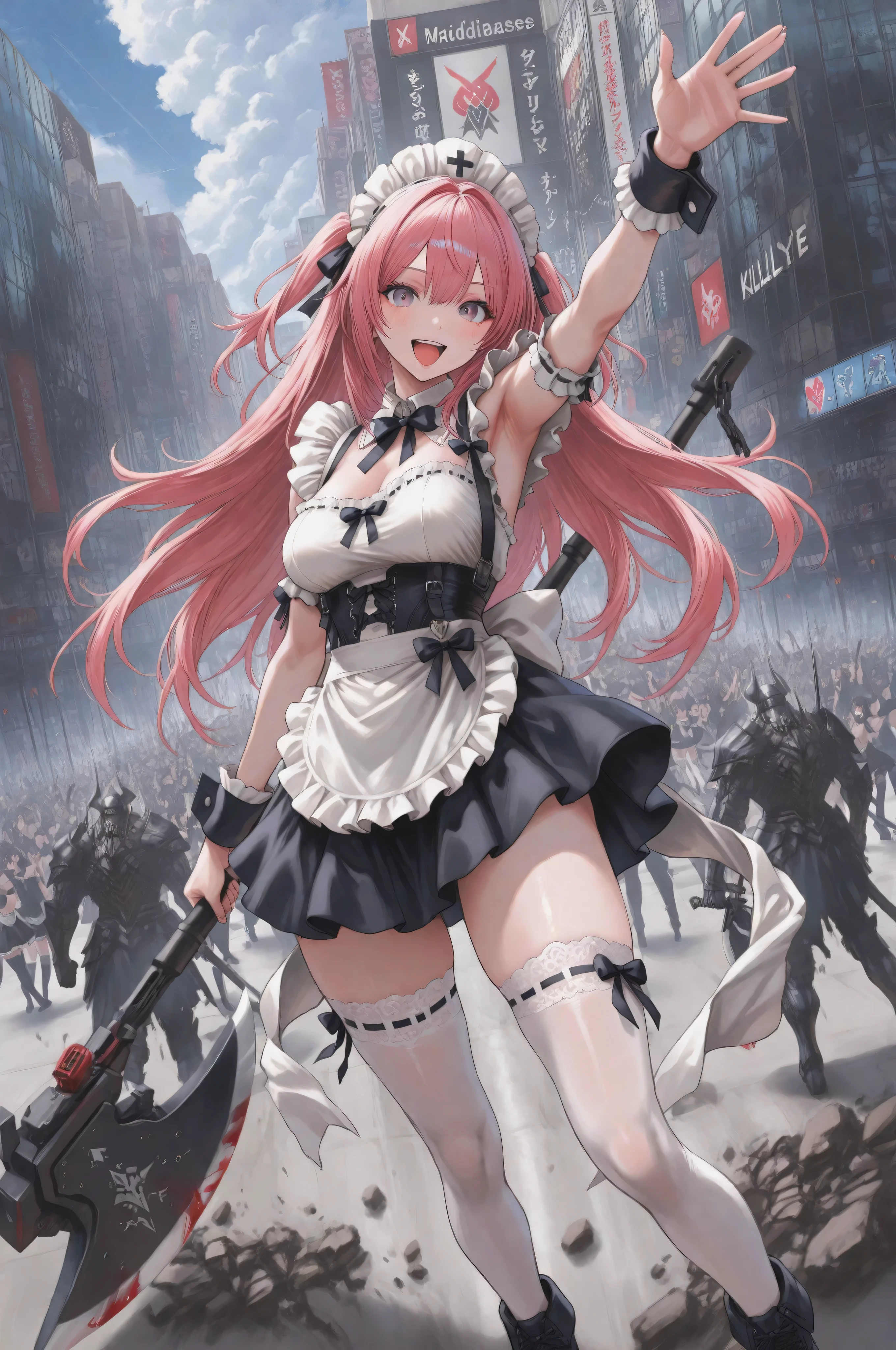 Female 1、from above、Akihabara、maid、maid服、miniskirt、white knee high、absolute region with to、 、 Madness、battle pose、upper、 Kills、Waving a giant battle axe、(Charge)