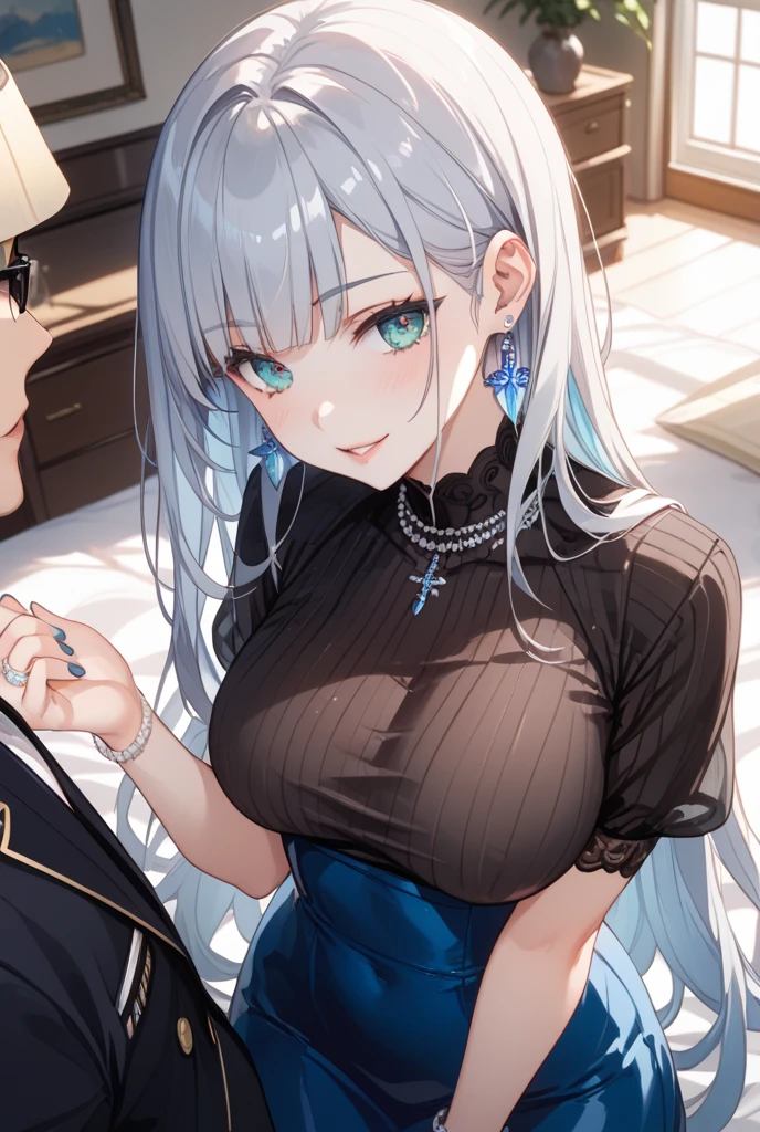 ((Biologically correct limb count))、(( Full-body photo including face))、4K、((Standing position))、masterpiece、((Focus on the face))、((Symmetrical facial features))、Eye for detailed depiction、Beautiful blue-haired woman、Excellent style、Beautiful clavicle、Beautiful feet、Beautiful Hands、Slender body、(stockings、garter belt、High heels)、Facial detailing、Small earrings、necklace、(rubber jacket、Pleated skirt)、High heelsに照明を当てる、tie、sunny、(((Photo frame with white border)))、Fascinating、((She is sitting with her buttocks thrust back and her upper body arched, looking up.))、Night Pool、(Low - Angle、A camera angle that captures the inside of a skirt from below)、Silk gloves、(((Blue-silver hair with pink mesh)))、(((Moments of ecstasy)))、