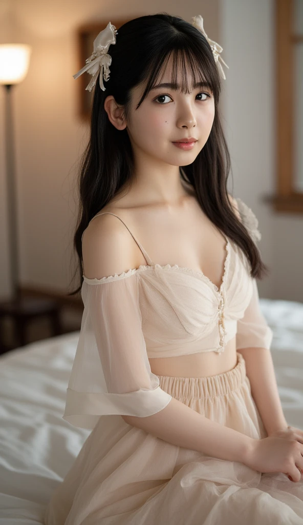 A young woman wearing transparent clothes 、Japanese、Age 25、Medium-long hair、smile