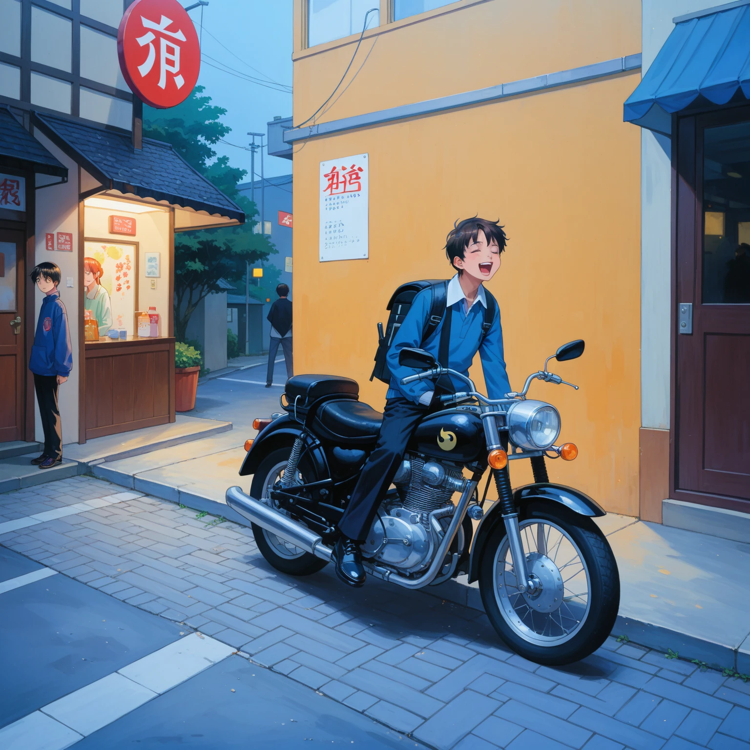A girl wearing a Yokosuka jumper is on a street corner in a Japanese suburb, Uber Eats(Uber Eats) Expressing a Backpack , Depicting a Motorcycle Delivery Man , the light on the bike bed is clearly visible on the night of the crescent moon,,Fantasy pop art of a dreaming girl , VERY BIG BACKPACK, Little character pop art , Move at night ,ハイパー details イラスト , 病気にかかったような可愛い detailsな彩色画 , エクストラファインインクの details , Luxurious Fabrics to Sit on a Gothic Throne , details , full color illustration , wonderful painting atmosphere ,たくさんの details, 超 detailsな色彩アート , かわいい detailsなアートワーク , Anime Style, anatomically accurate , Japanese Streetscape in the 1980s
