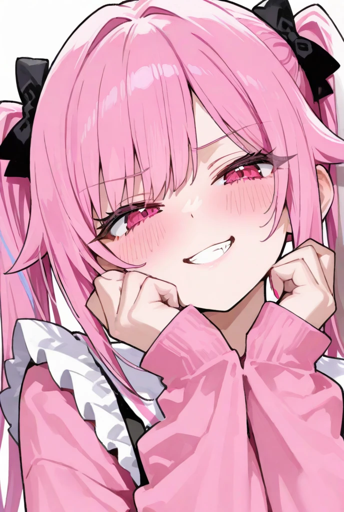 Girl with pink hair, long double-tailed hairstyle, ((small pink bushy eyebrows)), dressed in lolita clothes, marked vagina, lolicon (Zankuro) drawing style by zankuro artist, Zancro style, image uploaded to R34, (cum bubbling out mouth) , flirtatious smile, very close up , in a street