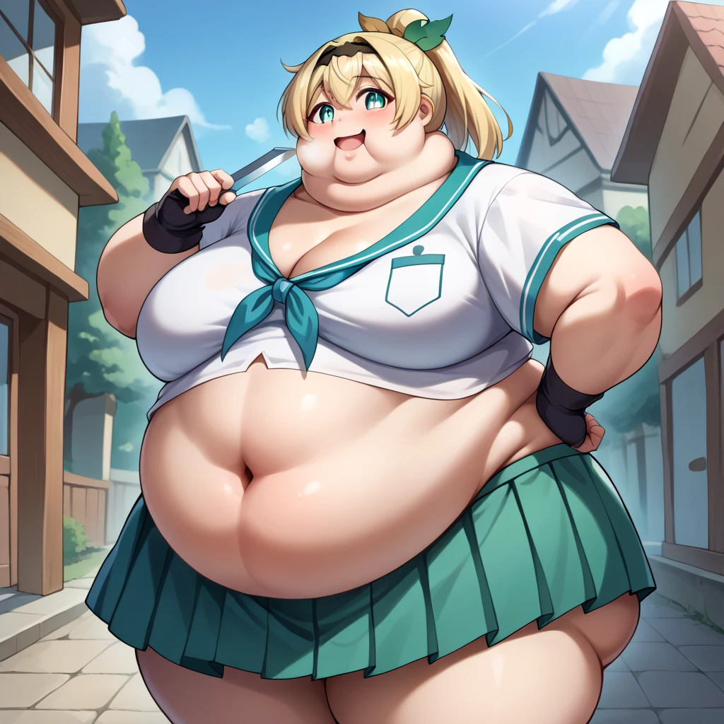 masterpiece, best quality, highly detailed, obese 1girl, obese kotori \(blue archive\), pigtails, cheerleader, outside, grass, sunny, clouds