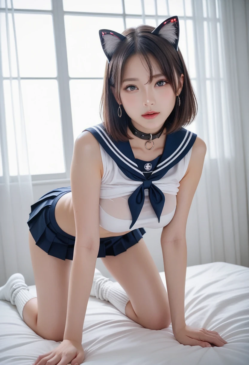 from below, resting hands on own chin, cum to her face,splashing cum,wet tongue,squatting, open legs, (large amount of love juice spills from the crotch, white peeing forward, squarting, love juice:1.8), (See-through sailor uniform:1.5), skirt lift, lifted by self, show see-through white panties, pussy juice stain, (pussy juice trail:1.9),(open mouth, detailed tongue, tongue out:1.8),(wince, half-closed eyes, squinting:1.3), brown eyes,