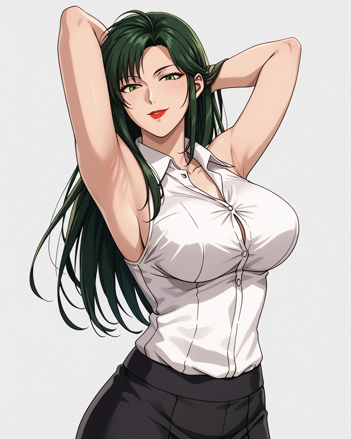 masterpiece, best quality, 4k, face close-up, portrait, 1girl, solo, beige hair, light green hair, pale green hair long hair, purple eyes, empty eyes, small breasts, (oni girl, oni horns, forehead horns), serious, neutral, white blouse, one piece blouse, medieval fashion, standing, arms behind back, looking at viewer, white background, simple background, transparent background