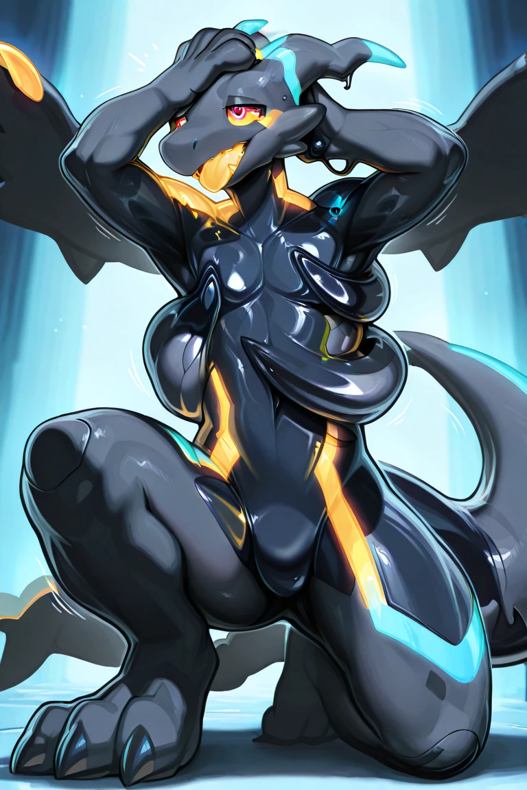 Dark fantatsy,black metal body,big breasts,robot seams,neon trims,black armor,neon trims,eyeless robot,no eyes,wide mouth,sharp teeth,only mouth,tongue out,very long tongue,cybernetic body,muslces,abs,look at viewer,mechanical,wet,mechanical mouth,claws,female masturbation, grabbing breast, spread legs, sitting