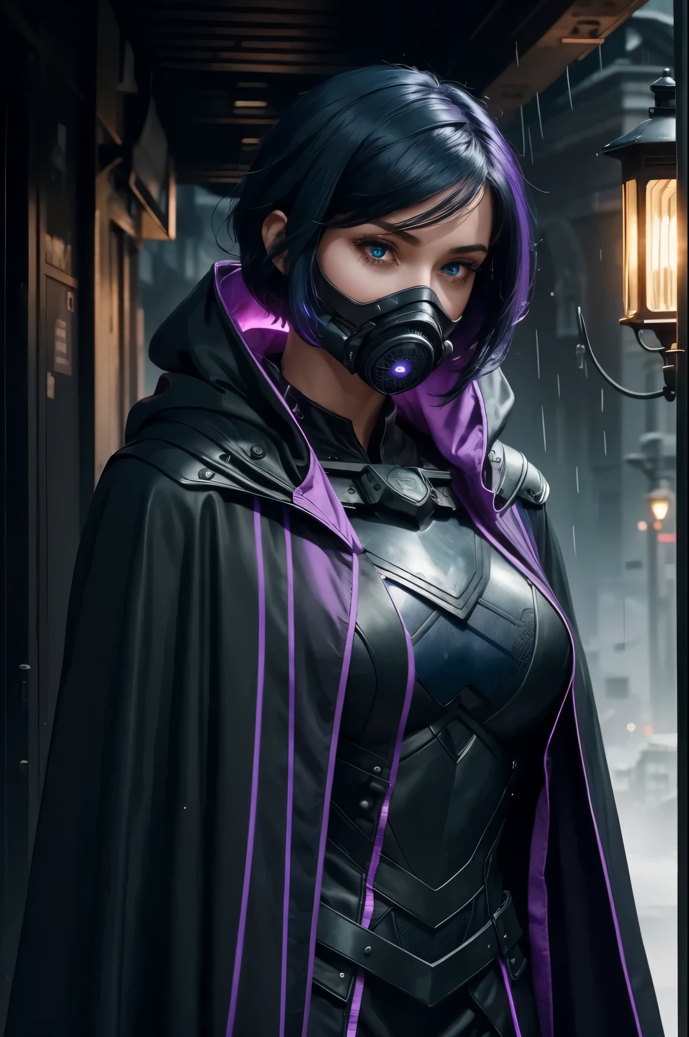 {{{{{masterpiece, best quality, official art, 8k, high resolution illustration}}}}}, grey theme, {{{cinematic lighting, natural light}}}, 1girl, {purple neon lines on cloak}, solo, jacket, {{black cloak}}, {{{sci-fi cloak}}}, {{{dark blue hair}}, {{disheveled hair}}, mascara, {{{{disheveled hair}}}}, short hair, armored cloak, small breasts, nose, futuristic cloak, black respiratoe, purple neon respirator