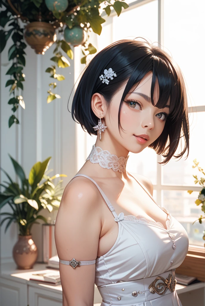 (((Masterpiece))), (((Best Quality))),Ultra High Resolution, Caustics, Detailed, (Beautiful Detailed Eyes),Perfect Anatomy, nsfw, (1 girl), intricate details, chromatic aberration), (realistic), (skin), ((breathe)), (purple multicolor hair, bob cut, dull bangs, hair cover one eye), fine hair, blue highlights, small earrings, clear eyes, purple eyes, choker, ((black crop top, thin material, skirt)), open waist, (symmetrical eyes), (perfect symmetrical body), night, (((Natural light))), Backlight, against the gray wall, dim lighting ,look at the audience, (((center shot, From before, face and waist))), (big breasts: 1.2), cleavage, long thin material sleeves, ponytail with two wisps front, sexy cloth