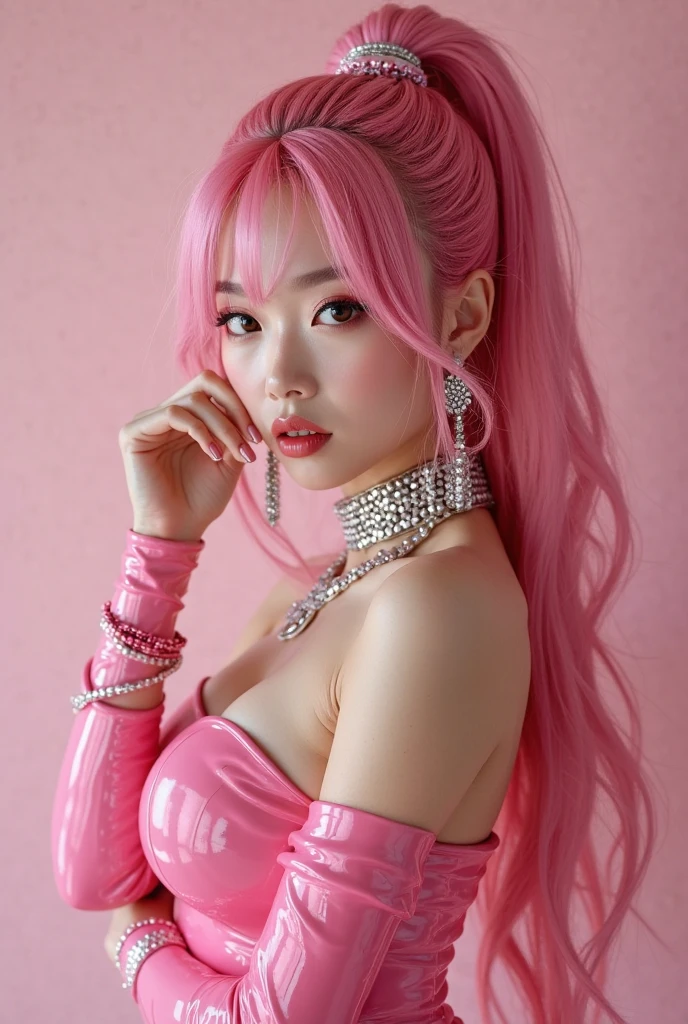nsfw、sexy stylish female idol、glossy lipstick、smiling face、defined eyebrows、ultra detailed vivid makeup、very long lashes、full body Esbian、sheer latex dress(neon pink)、Colorful hair