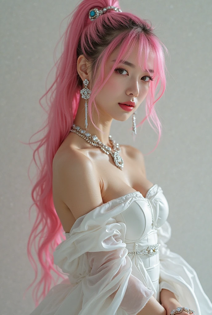 (8K, top-quality, masterpiece:1,2), (reallistic, Photorealsitic:1.37), Super Detail, One girl,), (Highly detailed), (beautifully detailed eyes), (of the highest quality), (super detailed ), (masterpiece), (Detailed face),20yr old, ,1 girl, ((pink hair, very short hair)), medium breasts, clothed, Perfect Lighting, pussy and breast focus, looking at viewer, (silver sequined strapless dress:1.3), (frilly long skirt:1.2), (big ribbon on chest:1.2), (belt on waist:1.2), (slit on skirt:1.2), (silver high heels:1.2), (diamond necklace:1.2), (diamond earrings:1.2), (diamond bracelet:1.2), (diamond ring:1.2), (silver veil:1.3), (long veil:1.2), (veil with sequins and beads:1.2), pink very short hair, bangs swept to the right, diamond earring on left ear, smile, eyes looking at camera, mouth slightly open, right hand on waist, left hand lifting ribbon on chest, left leg slightly out from slit on skirt, dark curtain background, chandelier light behind, soft light on face and dress, glittery light on veil and jewelry