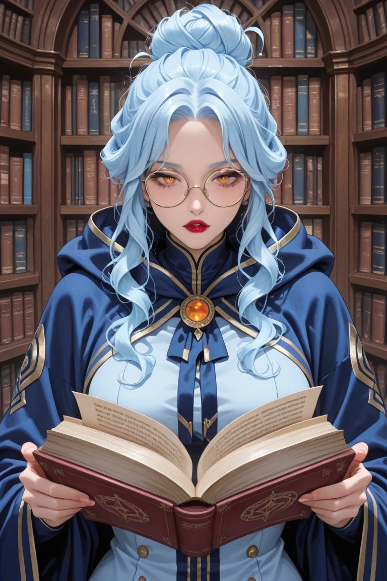 1 Man with shoulder-length hair, turquoise hair, fuchsia eyes, high, wide shoulders, pale light skin, glasses for myopes, reading a book. masculine.