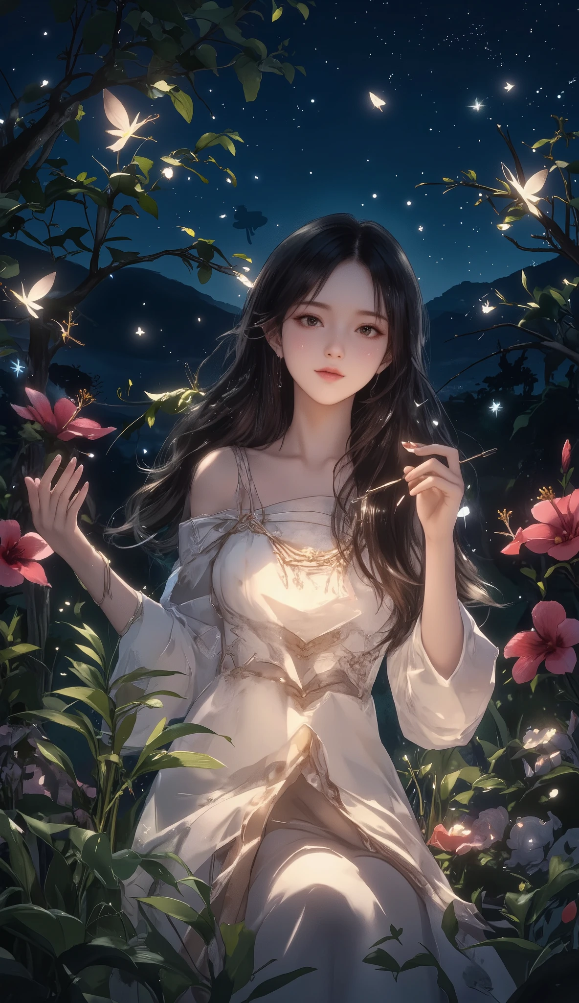 masterpiece, best quality, super res, perfect anatomy, absurd, dreamy、female, detailed face、A quiet night illuminated by fireflies、Many glowing fireflies、Red Hibiscus、Summer Triangle、light particles