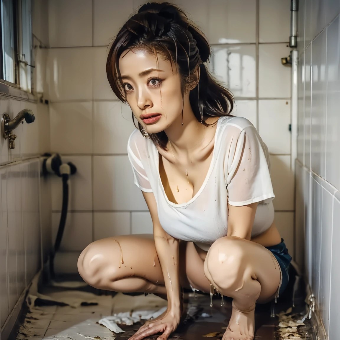 raw photo, 8k, (top-quality), Realistic, (real picture, Intricate details), (natural skin texture, detailed skin, hyper realism, sharpness), (Japanese college girl squatting in an abandoned kitchen, hands between legs, naked), ((wearing white apron over naked, dirty clothes, tattered clothes)), Fair skin, sweaty skin, ((long hair, one-length hairstyle)), (seductive face, Parted lips), cleavage, kitchen being demolished, dusty kitchen, cracked wall, Messy floor, Pile of rubble:1.3, broken window, cracked Window glass, ashtray, Hard lighting:1.3, sunset light, Full body shot
