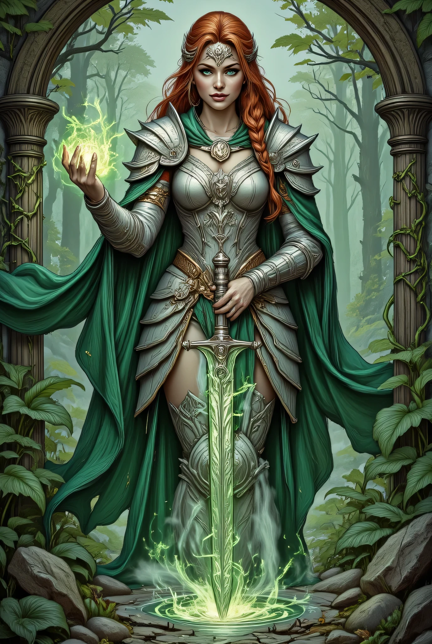 a picture of woman paladin of nature protecting the forest, controlling magical plants, woman holy knight, protector of nature, red hair, long hair, full body, ultra detailed face, red hair, long hair, braided hair, pale skin, blue eyes, intense eyes, wearying heavy armor, white armor, green cloak, flowing cloak, armed with a sword, glowing sword, fantasy forest background, D&D art, RPG art, magical atmosphere magic-fantasy-forest, ultra best realistic, best details, best quality, 16k, [ultra detailed], masterpiece, best quality, (extremely detailed), ultra wide shot, photorealism, depth of field, hyper realistic painting, hyp3rd3tail style