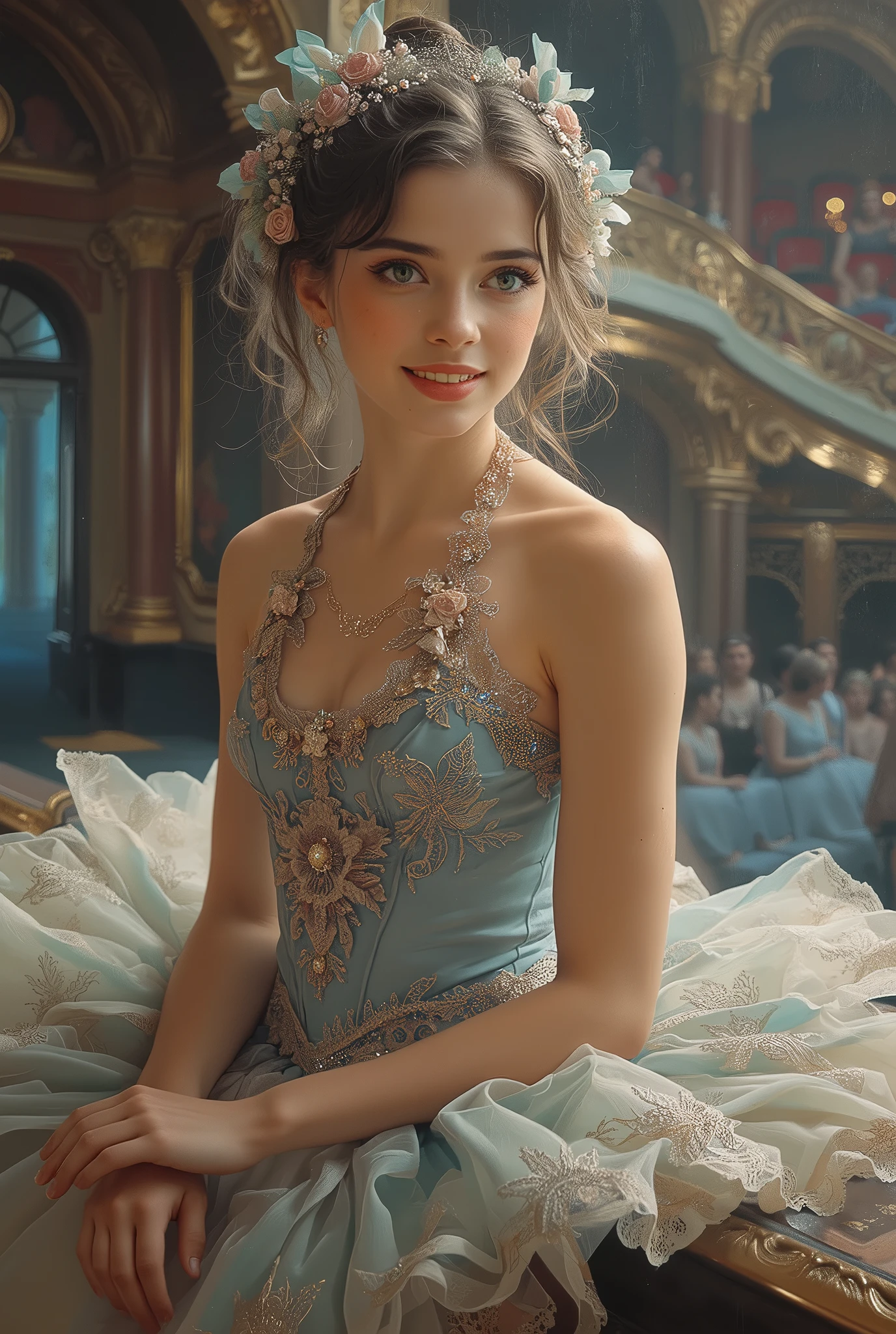 A portrait of a beautiful young ballerina in 19th-century France. She has delicate and refined facial features, fair translucent skin, large expressive iridescent eyes, and a graceful smile. Wearing a classic ballet tutu made of soft silk and lace, adorned with ribbons and floral decorations. The dress is in light blue or pale pink. She poses elegantly on the side of the stage or in an opulent ballet theater. Oil painting style, inspired by 19th-century Impressionism and Academic art, with soft brushstrokes, warm light, and a romantic atmosphere. hyper detailed moist skin texture,