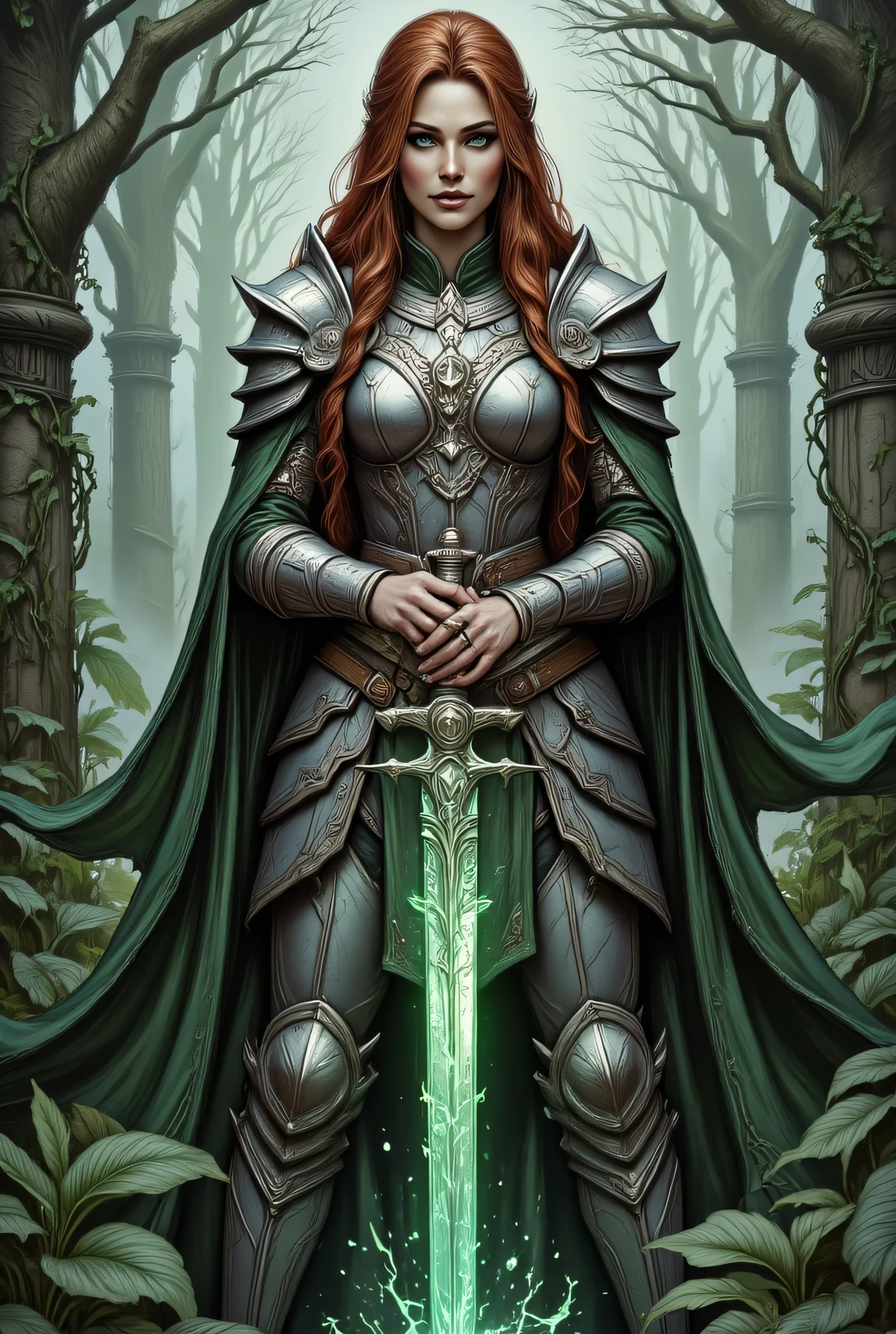 a picture of woman paladin of nature protecting the forest, controlling magical plants, woman holy knight, protector of nature, red hair, long hair, full body, ultra detailed face, red hair, long hair, braided hair, pale skin, blue eyes, intense eyes, wearying heavy armor, white armor, green cloak, flowing cloak, armed with a sword, glowing sword, fantasy forest background, D&D art, RPG art, magical atmosphere magic-fantasy-forest, ultra best realistic, best details, best quality, 16k, [ultra detailed], masterpiece, best quality, (extremely detailed), ultra wide shot, photorealism, depth of field, hyper realistic painting, hyp3rd3tail style
