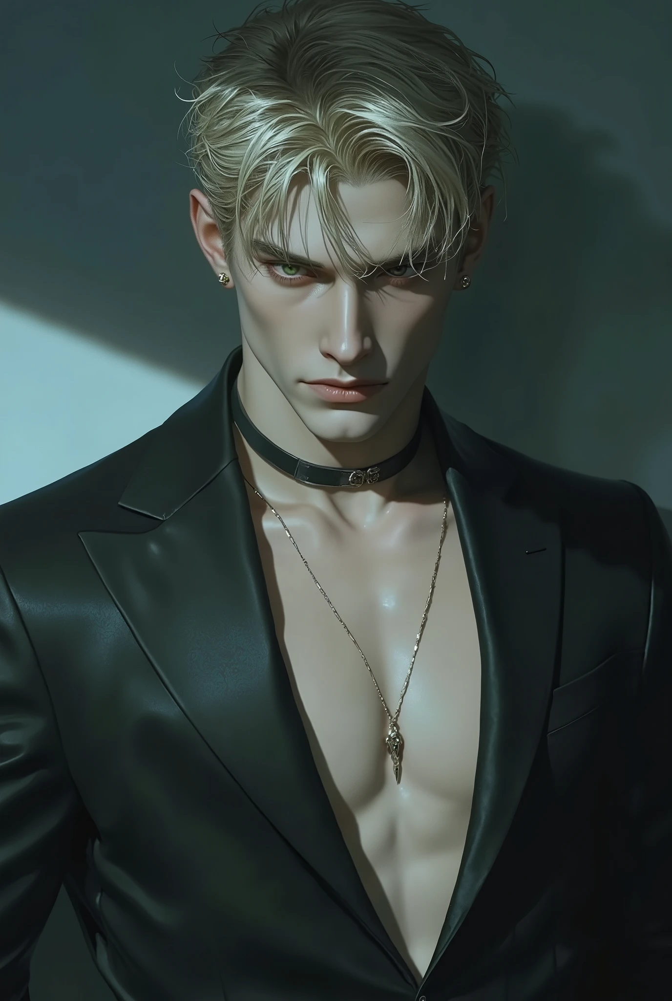 blond man, short hair, fringe broken in the middle , green eyes, Make it from the front , Show your chest, Show your body, Make in cold tones