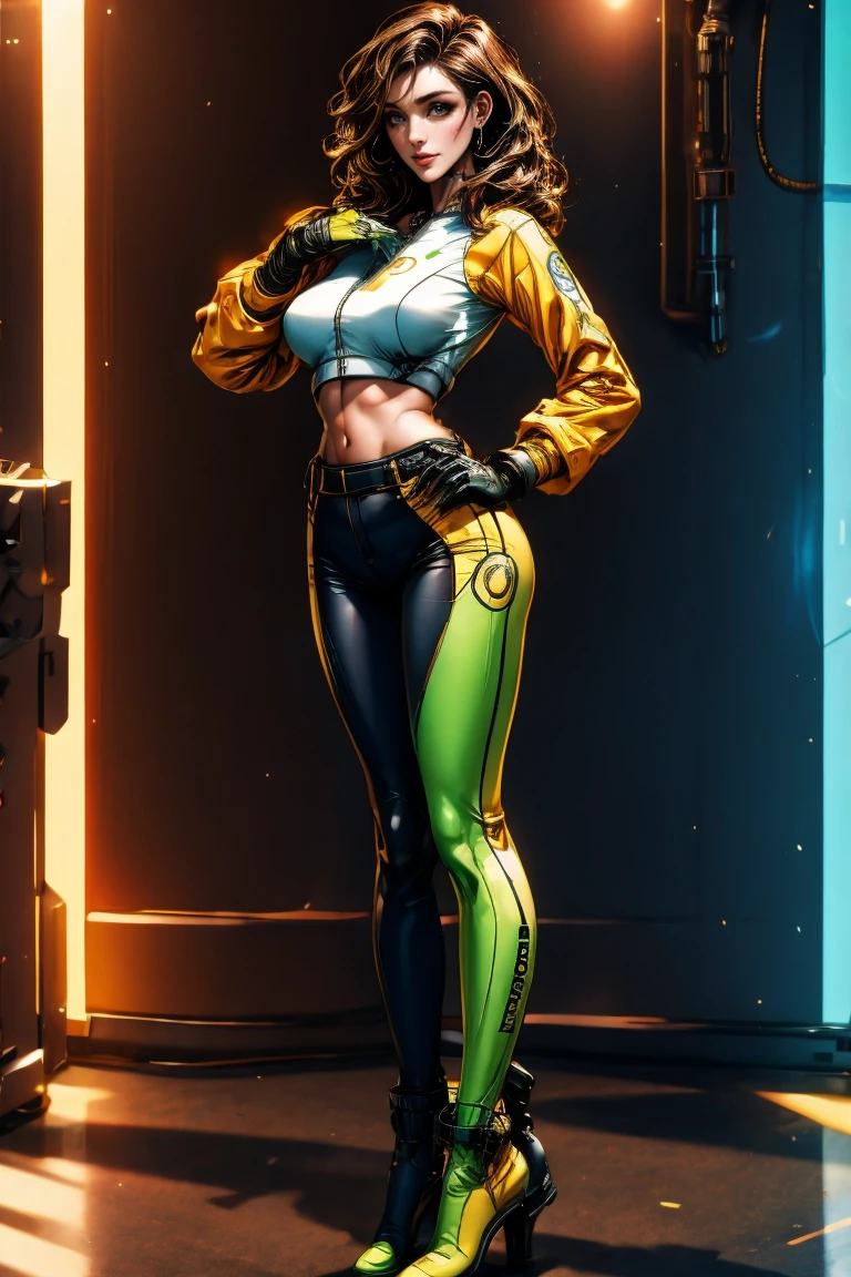 8k, ARTISTIC photography, best quality, masterpiece: 1.2), (realistic, photorealistic: 1.37` Movie still from BLADE RUNNER  movie (directed by ridley scott), cyber punk Goddess (((Olivia Ponton))) wearing a Virtual reality headset ,), ((Blue hair)) , (she's holding a key board), cyborg arm, (mechanical parts:1. 5), beautiful body, toned body, (muscles:1.3) (( dressed as futuristic samurai jacket, Gortex bomber jacket, ǍCROŇYM)). (((yellow clothes))),  , 40k, photography, masterpiece, best quality, highly detailed cyberpunk hacker room background, sexy leather pants 1.3), (yellow shirt: 1.3), varied poses.   view from below, translucent