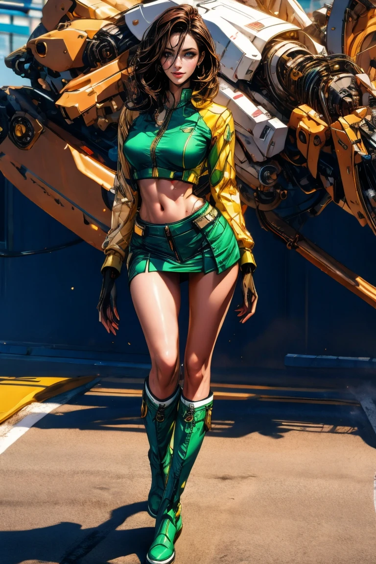 cute redhead woman in twin tails, multiple rainbow colored hair, sky-blue eyes, happy, Ukrainian, petite, pale skin, wearing a green metallic color bikini, post apocalyptic background, bleak barren desert, photo realistic woman. --auto