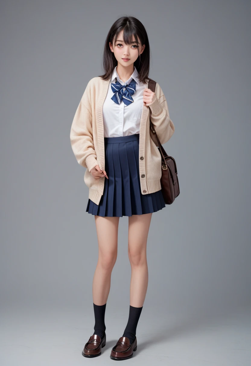(Realistic, photo-Realistic:1.4),(Highest quality,masterpiece),RAW Photos, High resolution, Intricate details, In detail, Cinema Lighting, (whole body, Front view:1.5), A 16-year-old Japanese girl is standing, Leaning against the wall outside the classroom, , slim, thin, Thin legs, (cardigan, skirt, Wearing the Tokiwadai School uniform:1.4), Black Hair,