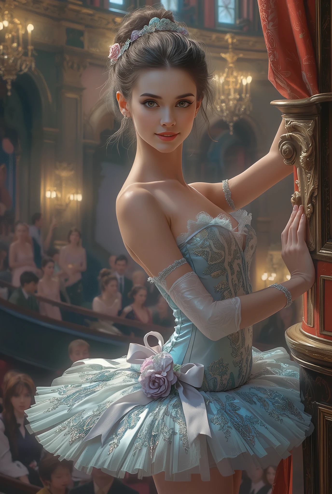 A portrait of a beautiful ballerina in 19th-century France. She has delicate and refined facial features, fair translucent skin, large expressive iridescent eyes, and a graceful smile. Wearing a classic ballet tutu made of soft silk and lace, adorned with ribbons and floral decorations. The dress is in light blue or pale pink. She poses elegantly on the side of the stage or in an opulent ballet theater. Oil painting style, inspired by 19th-century Impressionism and Academic art, with soft brushstrokes, warm light, and a romantic atmosphere. hyper detailed moist skin texture,