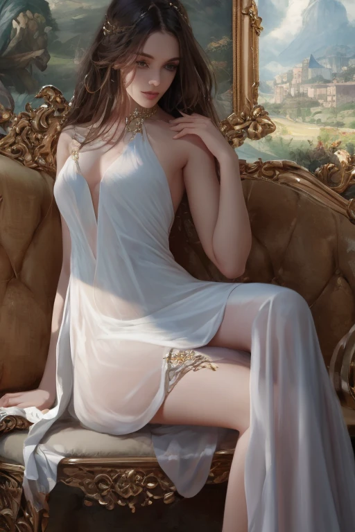 Best quality, masterpiece, high resolution, 1girl, transparent silk dress, beautiful face, hair accessories, sitting by the pond to wash your feet, one foot splashing, girl naughty smile, hair accessories, necklaces, jewelry, long hair, earrings, rounded feet, perfect toes, Tyndall effect, realism, dark studio, edge lighting, two-tone lighting, (high detail skin: 1.2), soft light, high quality, volumetric lighting, high resolution, 8k, background bokeh