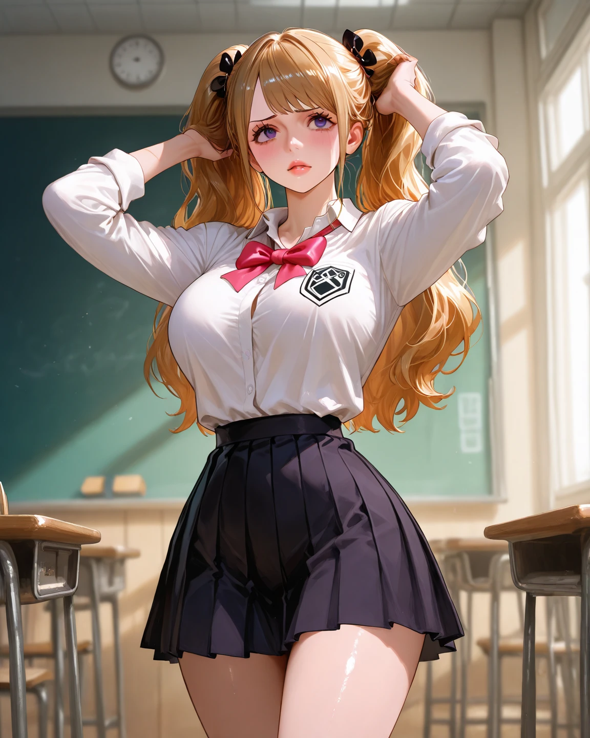 (masterpiece:1.6, best quality:1.4, real picture:1.2, intricate details:1.2),3d,realistic,1girl,teacher,sitting,curvy,sexy,mature female,teacher uniform, earrings,full-face blush,seductive smile, narrow waist, school uniform, blazer, shirt, pleated skirt,
