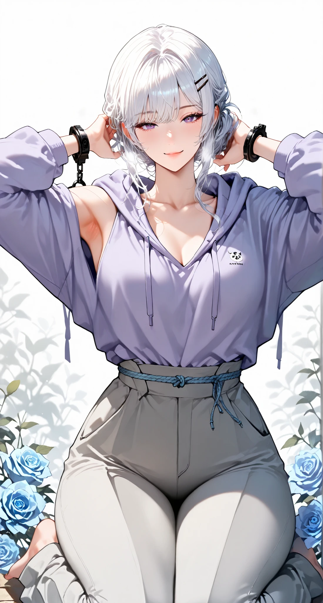 1 girl,hairpin hairstyle,White hair, Cold, Dark face , high detail, conceptual art, Very detailed page, high details, high quality, best quality, Dark Purple Eyes, White hair, beautiful, tall, emotionless, Dark face ,{hairpin hairstyle} , weakly happy , medium, Light purple eyes , ((feminine )), (( handsome female face)), handsome, bite_1024, ( wearing a light purple hoodie), masterpiece, full body, alone, blurred background , white background, Cold expression (close up), light atmosphere , 1 girl, , perfect face, White hair,,extra thick thighs,Full image,extra thick thighs,hair that highlights the thighs ,light purple hoodie,tall,tall ,cicadas are lying down slightly now, long pants,light gray blue Japanese pants,{ long pants},Take a light blue rose, Eyes and Lips 、eye socket、smiling skin、eyebrow、Meat quality。Lower eyelashes, normal neck , medium ,armpit,charming smile,{Real face with clear facial features},South Korea,Armpits, and handcuffs,露出Armpits,Clothes connect to cuffs,dress chest light blue rope strap,