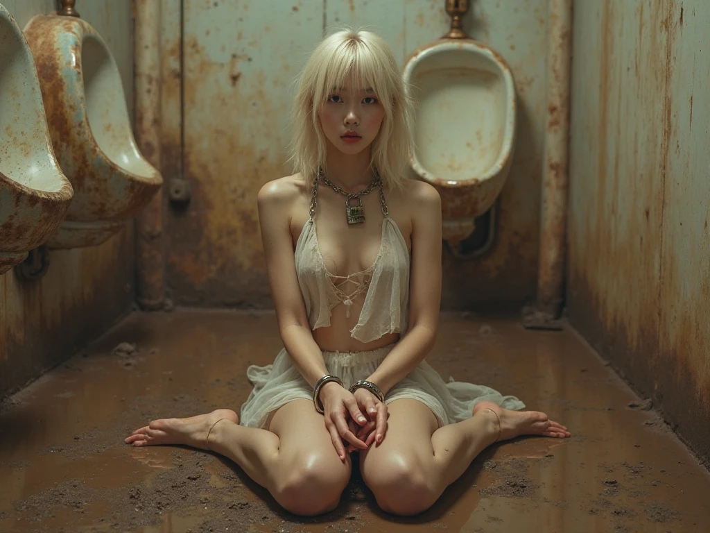 A girl cornered in a corner in the ruins,curled up and scared,one's legs spread ,look at someone with disdain, very excited violence,nude ,Age 18, whole body ,gyaru make, muddy body,Removed clothes are on the ground