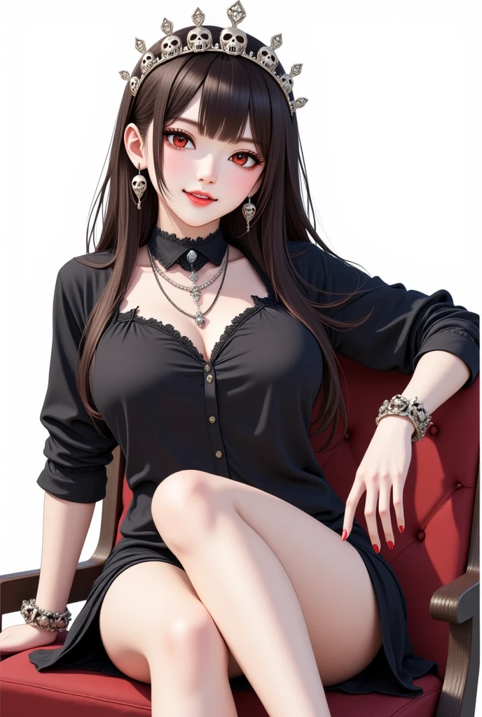 (((Yor Briar))), black hair, red eyes, ulzzang, gold headband, realistic depiction, elegant appearance, pale and shiny skin, full lips with lip gloss, red and gold monochromatic color scheme, soft lighting, cleavage, huge tits, lingerie, thigh highs, sitting, casual, arms behind back,