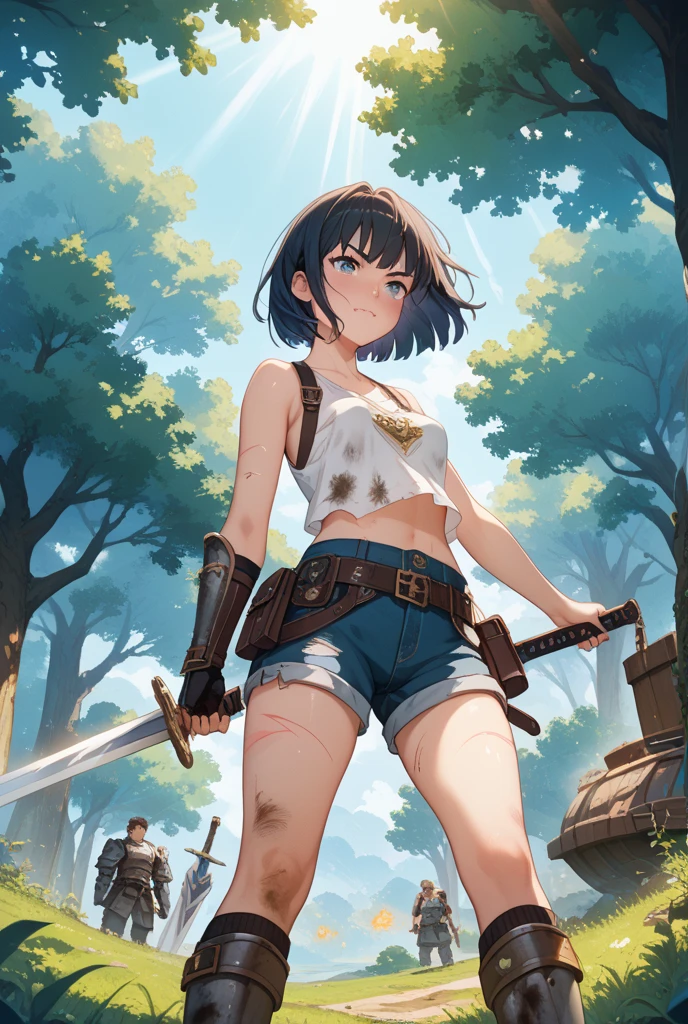1girl, solo, village, trees, colorful hair, curly hair, ponytail, large breasts, button down shirt, ninja, ((brown green shirt)), ((unbuttoned shirt)), ((short sleeved shirt)), blue eyes, pants, sandals, katana, grin, looking at the viewer, ((standing)), hair ribbon, bandage