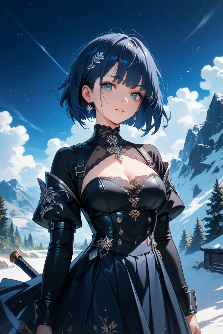 (8K,masuter piece:1.2、top-quality)、(Live action、Intricate details)、(1 milf、独奏、The upper part of the body、Colossal tits) Blue Cyberpunk Costume、a blue skirt enticing Avant-garde、Experimental appearance: Blue bob hair、real looking skin A sexy Dramatic makeup、: Rebel、Anti-system、Provocative Location: Deep in the mountains、A smile Underground Music Scene Hobbies: holding swords、battleing Wielding a sword values: individuality、authenticity、Creative Expression Inspiration: Punk rock music、Counterculture icons、avant-garde art movements Personality traits: boldness、boldness、Unconventional。