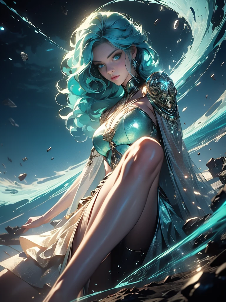 A captivating digital artwork titled "Queen of Radioluminescence" features a stunning, otherworldly woman radiating with a mesmerizing, luminous aura. Her glowing skin shimmers with pulsating, shifting patches of light that are reminiscent of ionizing radiation. Her cascading hair, resembling particle trails in a cloud chamber, dances around her in a halo of illumination. The abstract background, featuring shapes that recall atomic structures and radiation symbols, is enveloped in eerie greens and electric blues. Deep shadows add depth and contrast, emphasizing the radiant energy emanating from the woman. The title, "Queen of Radioluminescence," is gracefully written in glowing, radioactive letters at the bottom, completing this stunning and thought-provoking masterpiece.