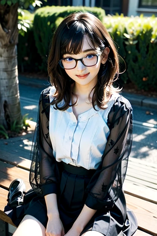 (Tabletop, Highest quality, Capture the cutest moment, Depth of written boundary, Ultra-detailed, Ultra-high resolution, c4d, Octadale, 3D Modeling, 8k, 16K, One Girl,, ,Black-haired,short hair,Straight Hair,Light brown eyes,White headband,Wearing black glasses,Cute face), apron,sitting on a park bench、Crossing your legs、Row of autumn leaves
