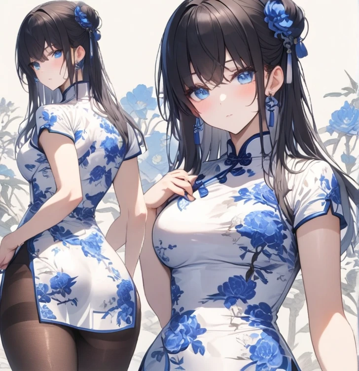 qipao,1girl,bangs,black hair,blue bow,blue eyes,blue flower,blue footwear,blue ribbon,blue rose,clothes lift,earrings,eyebrows visible through hair,floral print,flower,hair flower,hair ornament,hydrangea,japanese clothes,jewelry,kimono,lifted by self,long hair,long sleeves,looking at viewer,multiple views,pantyhose,print dress,print kimono,simple background,skirt lift