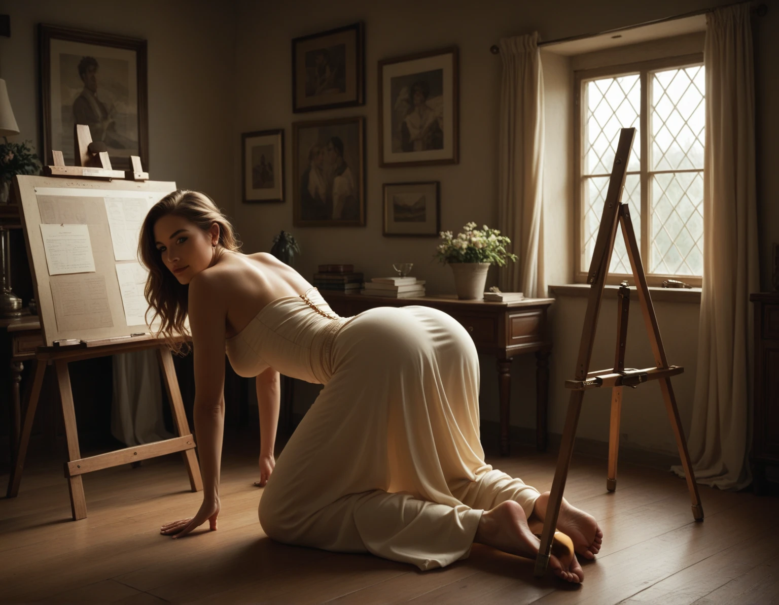 (((masterpiece picture, famous portrait of Botticelli's Venus birth in his painter studio, in Florence 1500 a.d.))). The most beautiful world Venus model standing in a big seashell exiting from the frame of the paintings and coming to real life. Twilight warm and calm atmosphere. Many paintings and painter tools in the background. Wide angle lens, ((low angle shot)), ((full figure shot)), perfectly detailed scene, extreme realism. ((Characters illuminated only by warm soft candle light, dark shadows)), artistic framing, half body shot, ((soft focus)). Establishing shot.