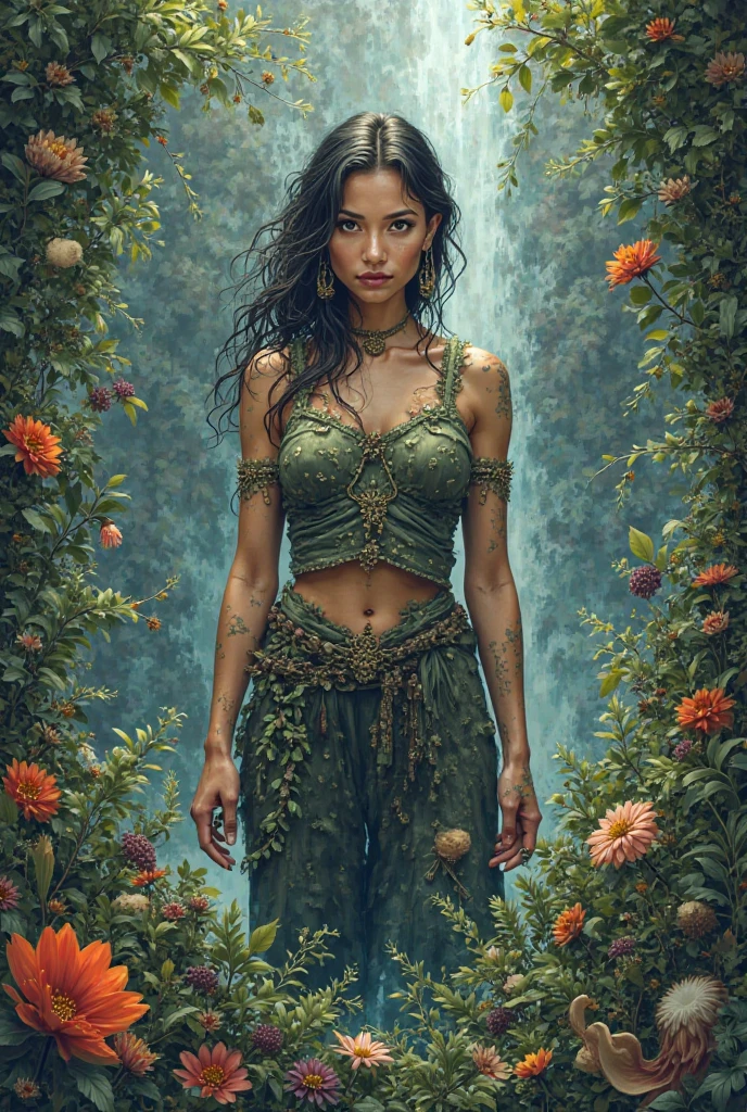Picture the Māori woman standing in a dense, mist-shrouded valley with towering, ancient cliffs covered in lush greenery. The mist swirls around her, partially obscuring her figure and giving an otherworldly quality to the scene. Her tattoos, detailed with ancestral patterns and nature-inspired motifs, are faintly illuminated as if by an inner glow, their designs merging seamlessly with the mist. The leso she wears is a rich, earthy brown with subtle green hues, adorned with delicate, embroidered patterns of leaves and vines that blend with the foliage around her. The scene is enveloped in a soft, diffused light that highlights her ethereal connection to the land and its spirits.