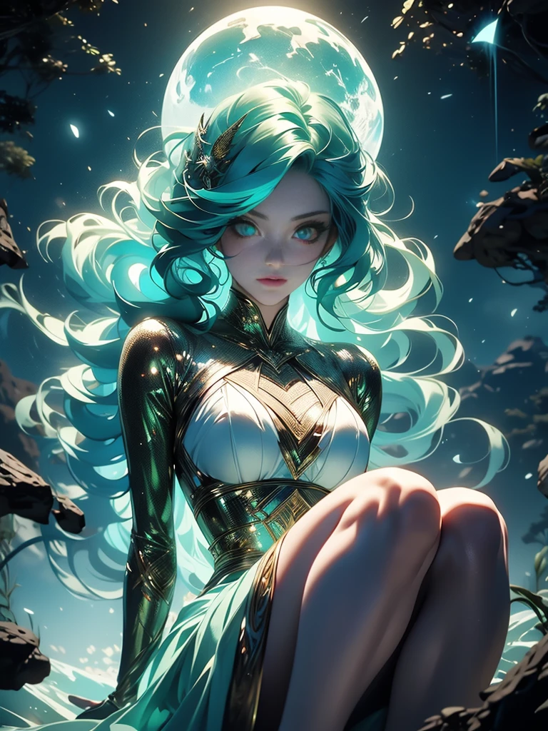 (Blue skin) mermaid. Fin ears. (Dark Green wavy hair.) Purple dress. Shell hair ornaments