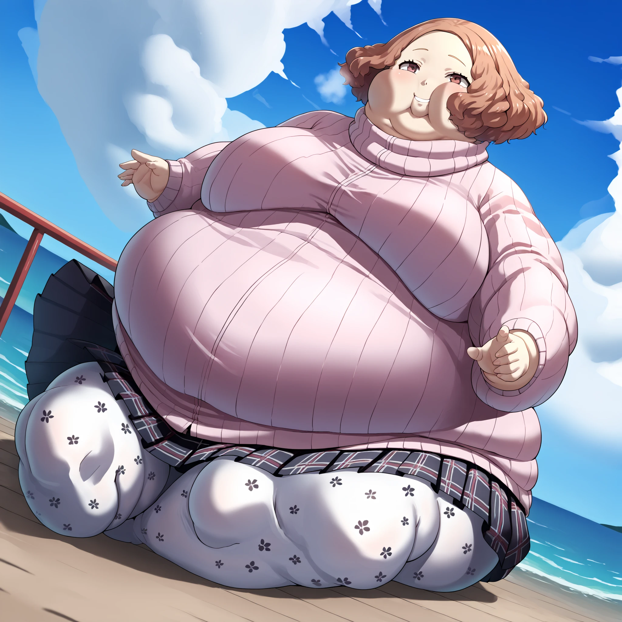 Extremely obese young woman, fat blob, far rolls, immobilized by her weight, very short neon pink hair, a big belly, saggy belly, gluttony, hanging belly, sitting on a beach chair, sweaty , wearing a hot pink skirt and large sweater, stuffing face with food