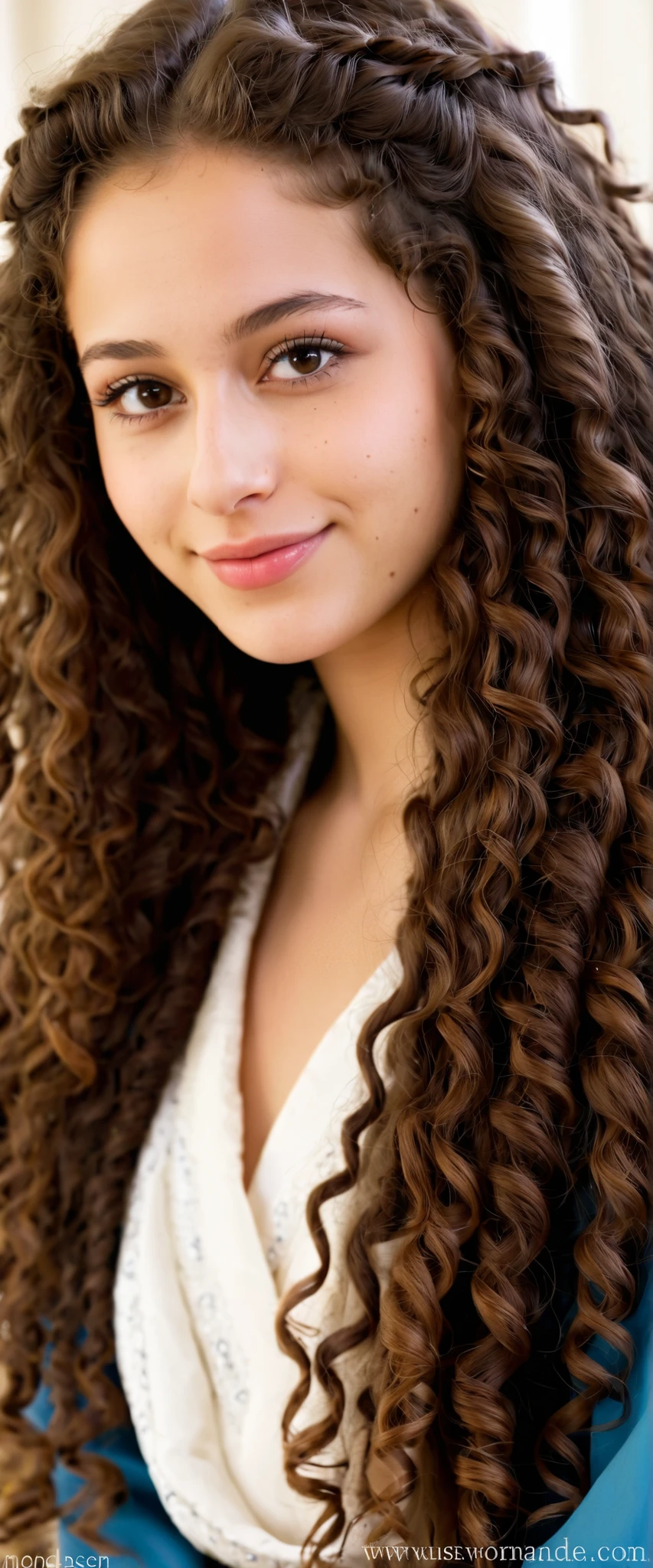 a beautiful 25-year-old woman (detailed facial features), (sardas:0.2), (acne:0.1), long hair, espesso, luxurious curly hair, handsome Jewish nose , shy smile, , 25 year old wearing biblical clothing