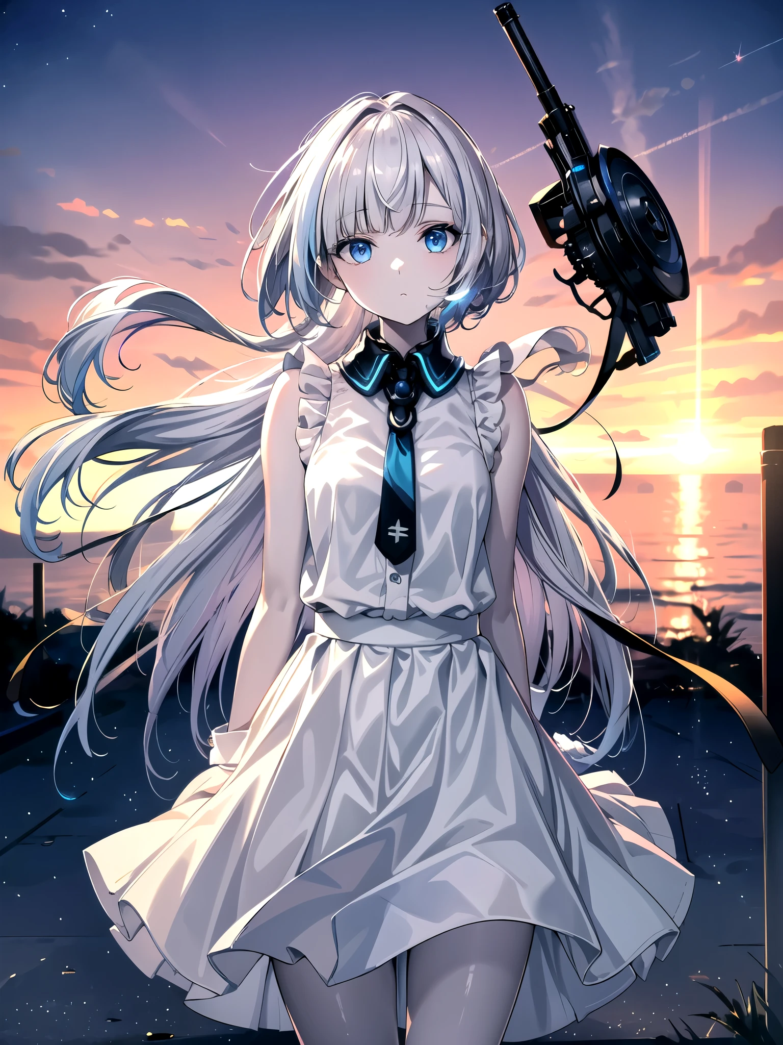 (((masterpiece, best quality, ultra high resolution))), (((wide shot))), 1 girl, standing, uniform, white office shirt, Black Pleated Skirt, ((light brown hair:0.7)), Long Haircuts, pale skin, ((blue eye)), Shine_eye, neon eye, (ultra detailed eye, Beautiful and delicate face, detailed eye), ((subject placed in the center)), ((wide shot)), audience, eye線, (sunset background),, viewers, ((half closed eye)), ((perfect hand in h)), (((head:0.9, weapons, standing, Elbow, holes in my nose))), ((I put my hands around my back)), empty eye, beautiful lighting, outside, 屋outside, shooting star:0.7, background, Defined Subject , huge hot sun, Age 25