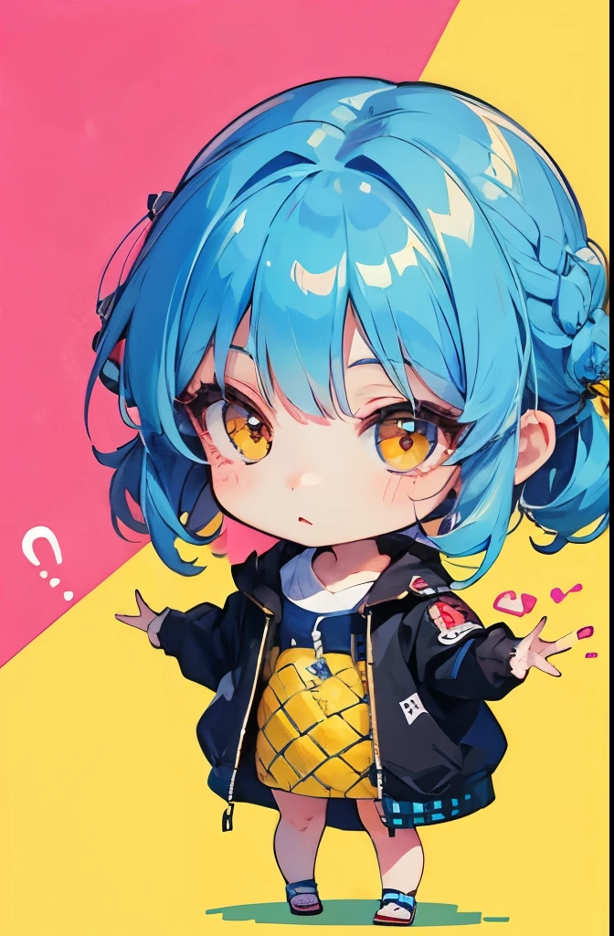 Chibi 1 person 、 Golden Eyes、light blue hair、Chignon Hair、sharp face、SLIM BODY、：tupid hair、super detail、fresh pineapple、absurd、accurate focus、Chibi cute、Unconscious、 Oversized Cut and Sewn 、、portrait、braids、Full body projection