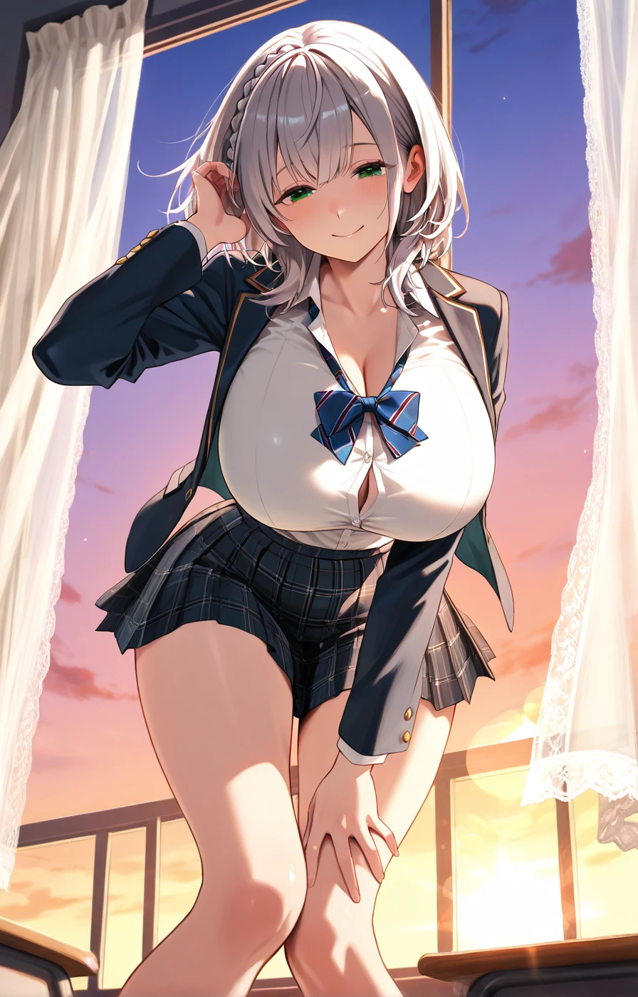 #Basics A girl is posing for a photo, animeのcute女の子, ((One Girl)), (((Baby Face:1.4)) + ((cute:1.5)) + ((15 years old))),
break
#Clothing Accessories
((school uniform)) : ((A school blazer with a blue base and white accents)) + ((A pleated skirt with a white base and red check pattern)) + (A tie with a red base and white diagonal lines) + ((Black Pantyhose)) + (Brown Loafers), ((Red earrings)),
break
#Features
(((Silver Hair)), (Bangs that expose the forehead:1.4 + 美deathい額が見える:1.4), Hair blowing in the wind, (Pixie Cut Hair : Very short hair:1.2 + Curly hair + Hair that bounces out + Natural curls)),
((Droopy eyes:1.4, Big eyes:1.4), blue eyes),
break
#background environment
((noon, Sunshine, Rooftop:1.4)),
#Facial Expression Pose
((ビックリdeathた顔 + smile)), (Mightily(Jump High:1.6)death、(Bend your knees in the air)),
#composition
((Face the camera, (Angle from diagonally down), Character Focus, (full body))),
break
#Body parts elements
(Slim figure),
(Detailed Hair, 美deathい髪, Shiny Hair),
(double eyelid, Long eyelashes),
(Expression of fine eyes, 美deathく繊細な目, キラキラdeathた目, Eye Reflexes, Glitter Eyeliner),
(Human Ear),
(美deathい鼻, Thin Nose),
(Glossy Lips, 美deathい唇, Thick lips), (Symmetrical facial features),
(Detailed skin, Textured skin, 美deathい肌, Oily skin),
break
#Quality Image Quality Common
(((Highest quality)), ((masterpiece)), ((Very detailed))), ((Ultra-high resolution)), ((16K, 1080P)), ((Full HD)),
(解剖学的に正deathい), (Realistic), (3DCG), (Oil painting),
((comics, anime)), (CG illustration), (RAW Photos),
