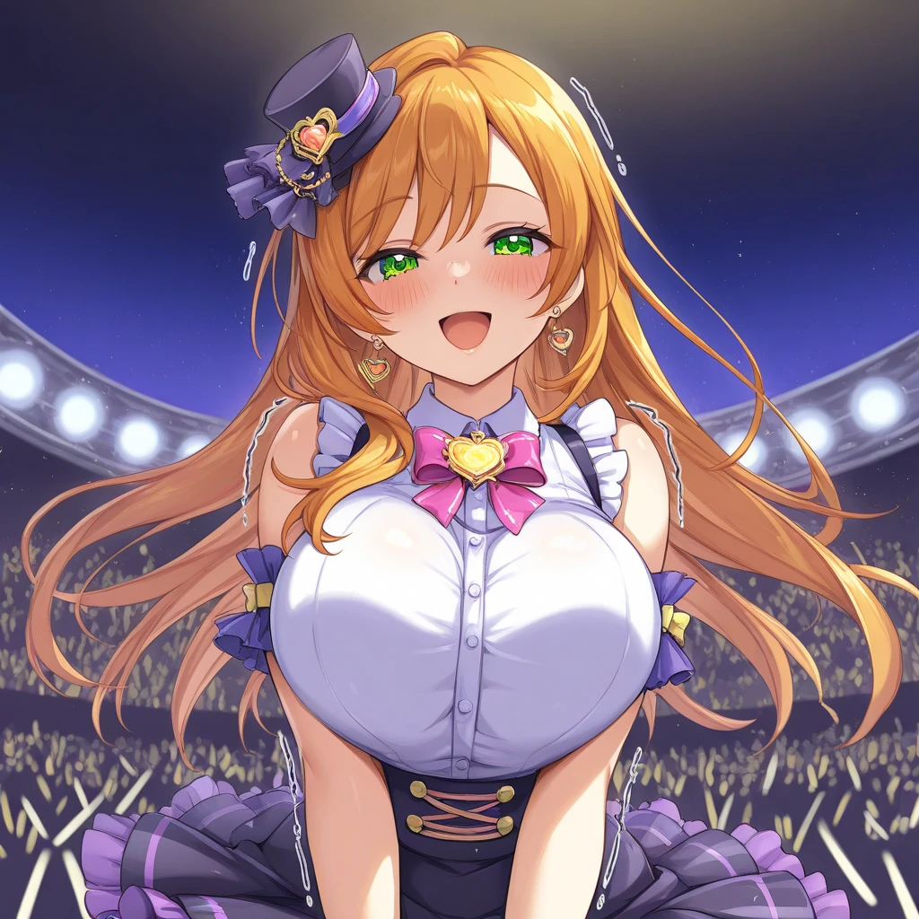 (((lovelive! school idol project,))) (((lovelive!,))) (((Kanata Konoe,))) purple eyes, orange brown hair, long Hair, wavy hair, splash curl hair, 1 girl, long bangs between eyes, ((((gigantic breasts,)))) ((View from below,)) Under the breasts, closed mouth, gleaming skin, glistening skin, oil skin, (((maid dress,))) ((black pantyhose,)) (((wet,))) ((nsfw,))