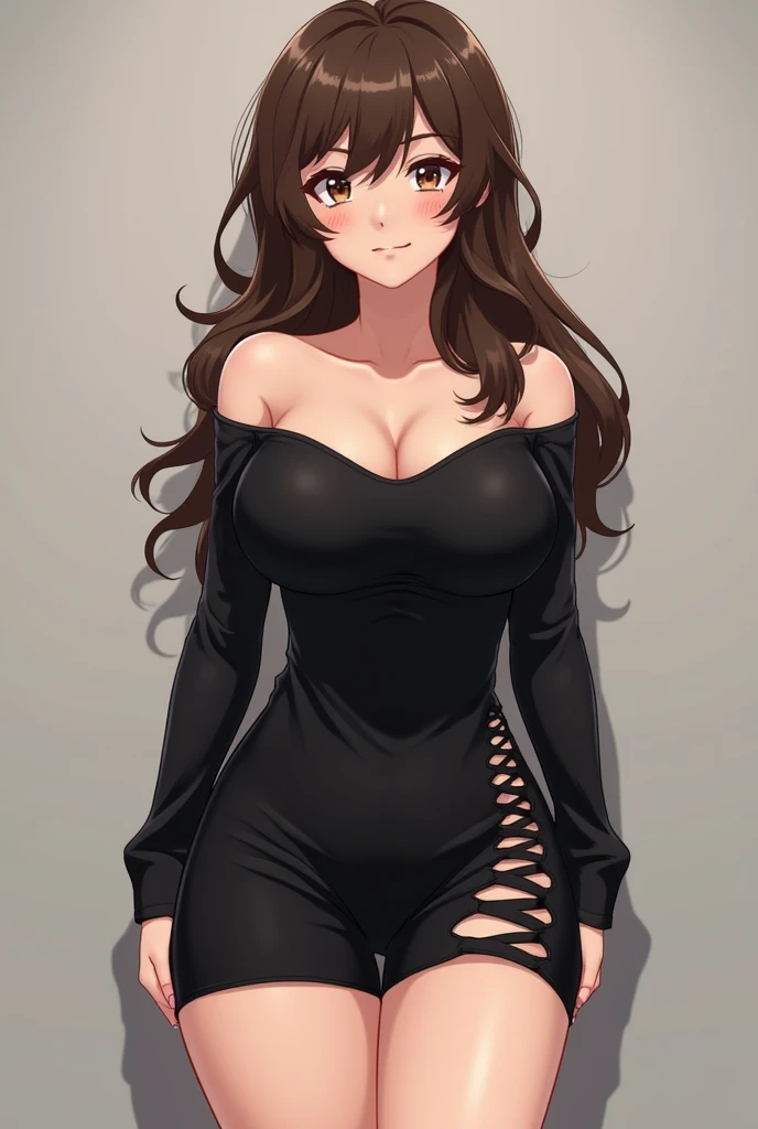 Anime cute of a female
With hair dark chestnut (a28172) long and waves 1b 1c 2a mix and no bangs, skin Rosy Brown (c69984), eyes bright rosy brown, dark red nails, C cup bust, thin very curve Hourglass shape body.
she is wearsing The black dress looks elegant luxuri and tight and sexy.
background is It is in a very luxurious area.
She is Turn head to look at front, hand hold a glass of dark wine, smirk sly.