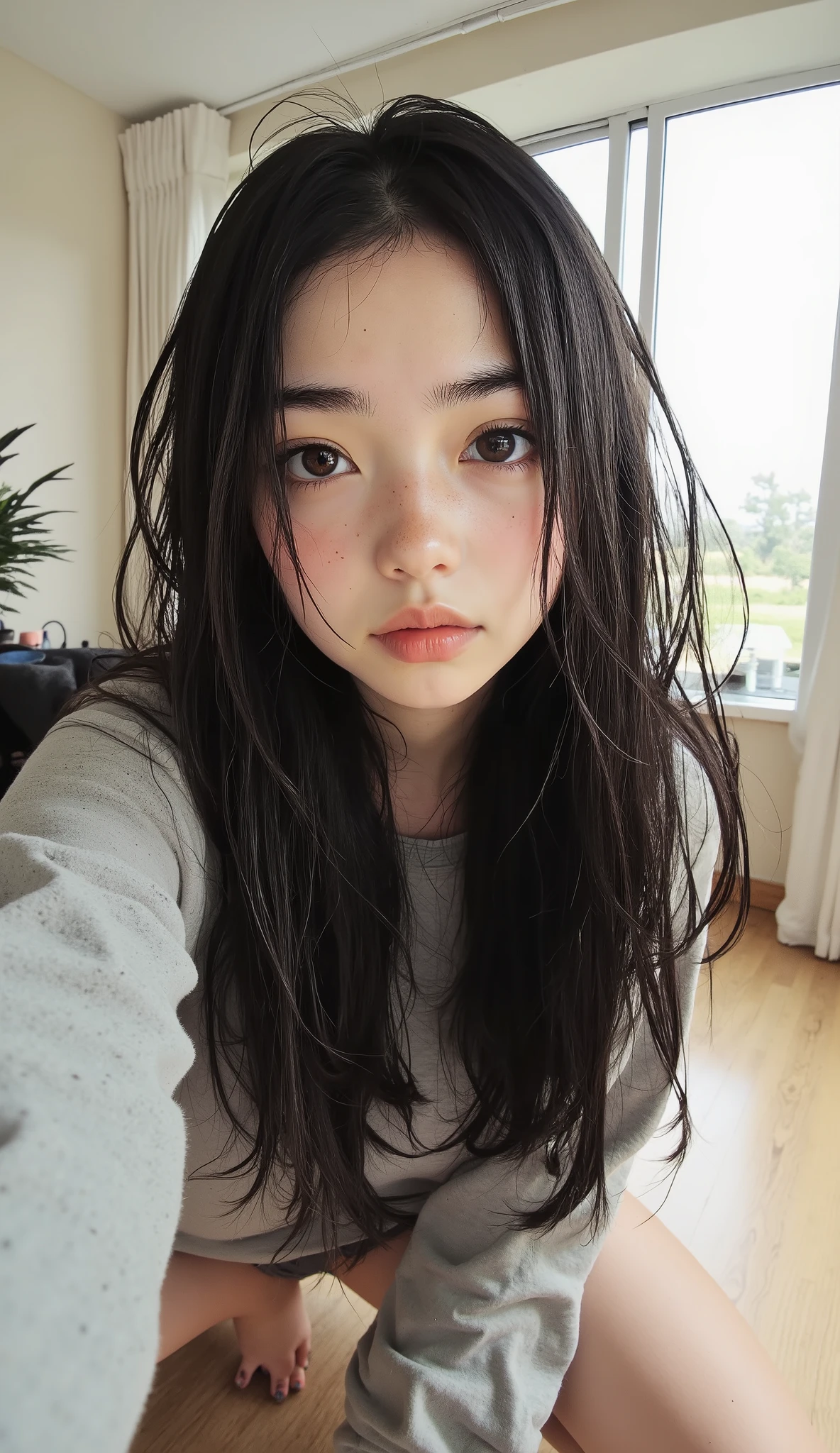 Take a selfie with a fisheye lens、Long straight hair, Light gray top focusing on the subject, Empty Eyes 、 Open your mouth without being lazy 、crouching pose, smooth skin, wear a natural interior background with soft diffused light from a window, light wood floor , A warm and calm atmosphere , , Shallow depth of field
