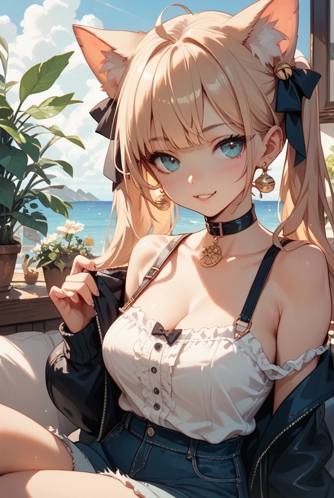 ((dress_default, terrific_default)):1.5,((solo, 1girl)) ((masterpiece,Highest quality,Highly detailed images,Beautiful images、Realistic、Dutch Angle)), (Bright lighting overall、Backlight、A fantastic atmosphere、Thick Fog、Dust flutters),(Dynamic pose、Beautiful cleavage、large breasts)1.2, ((Ocean、On the boat:1.2))((arms behind head))、Black sleeves