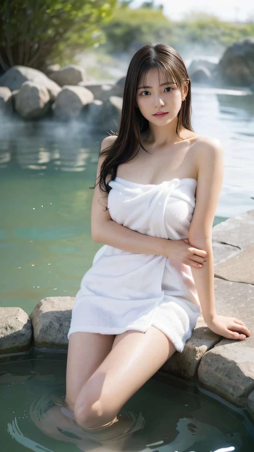 最high quality、high quality、best image quality、8K、最High resolution、High resolution、最high quality、masterpiece、Realistic human body in every detail、Realistic skin in every detail、Realistic face in every detail、Realistic eyes down to the details、Realistic lips in every detail、Realistic teeth in every detail、Realistic ears down to the last detail、Realistic hair down to the last detail、Realistic arms down to the last detail、Realistic reproduction of every detail、Realistic fingers in every detail、(fine hands、thumb1reference4)、Realistic feet in every detail、((beautiful japanese girl))、(japanese model), (japanese woman)、((18 year old beautiful girl))、(black hair)、(random hairstyle)、((whole body))、((beautiful upturned chest))、(slim style、slender style)、(whole body glossy skin、Fair skin)、white bath towel、Small bath towel、((Wrap a small bath towel around your body.))、((Her skin is visible through the wet bath towel))、(soft natural light)、((in the deep forest(Natural hot springs gush out))、((Hot springs surrounded by rocks))、((deep bathtub(deep hot spring))、((Onsen Girls))、((Enter the hot spring))、((Sit in the hot springs))、((Lying in the hot spring))、((Soak waist-deep in hot springs))、((Swim in the hot springs))、((Woman in the water))、(A large amount of steam is rising from the water in the bathtub.))、((A hot spring filled with thick steam))、((A lot of steam rises from the hot spring.))、((realistic water、clear water))、((sexy pose))